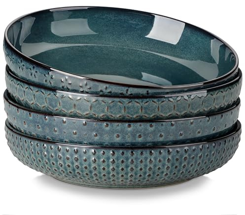 MALACASA Pasta Bowls 48 Oz, 9.5 Inch Modern Relief Design Large Salad Bowls, Ceramic Serving Bowls, Wide and Shallow Plates Pasta Plates, Microwave & Dishwasher Safe, Set of 4, Green, Series Lydia