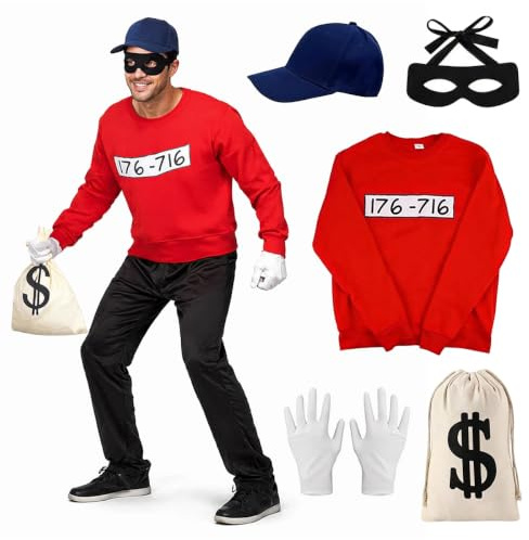 Anraocoss Panzerknacke Kostüm, Räuber Dieb Kostüm, Banditen Langarm Shirt mit Maske Handschuhe Geldbeutel MÜTZE, Bande Fasching Kostüm Herren Damen, Herren Kostüm-Outfits Halloween Karneval Faschings