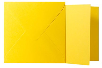 Briefumschläge24Plus 25 Quadratische Intensiv Gelb Briefumschläge 120g von der Größe 12,5 X 12,5 cm + Klappkarten 240g von der Größe 12 X 12 cm, mit dreieckiger Lasche zum Kleben ohne Fenster