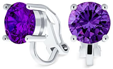 2CT Violet Taille Brillant Solitaire Rond Cubic Zirconia CZ Boucles D'Oreilles À Pince En Améthyste Simulée Plaquées Argent En Laiton