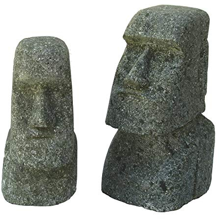 STONE art & more 2er Set Moai, Osterinsel-Kopf, 15 cm und 20 cm, grüner Lavastein, Basanit, Steinmetzarbeit, frostfest