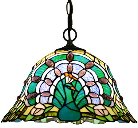 GDLight Tiffany-Art-Pfau-Pendelleuchten, 12-Zoll-Weinlese handgemachte Glasmalerei Insel hängende Lampen-Beleuchtung-Befestigung für Esszimmer Wohnzimmer Cafe, E27