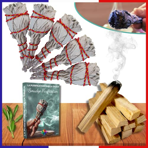 Weißes Salbei Reinigung X5 + Palo Santo 50 GR + praktisches Ebook (PDF) – Stab aus Merinosalbei und Palo Santo Holz Naturprodukt für die Reinigung der Energien