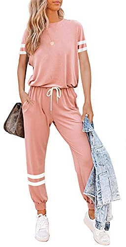 Litthing Damen Trainingsanzug Jogginganzug 2 Stücke Set Kurzarm Top/Hose Freizeitkleidung Sportswear für Running Yoga Gym (Rosa, M)