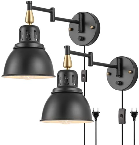 Vintage Wandleuchte Dimmbar mit Schalter Innen Wandlampe Verstellbar 2 Schwenkbar Arm Schwarz Industrial Retro Lampe Wand aus Metall E27 Wandleuchte mit Stecker und Kabel für Wohnzimmer Schlafzimmer