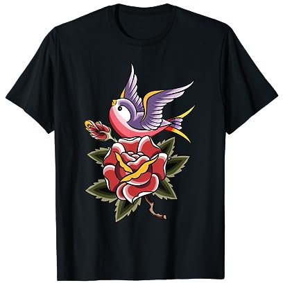 Women's T-Shirt Rose Swallow Shirt Vintage Retro Tattoo T-Shirt