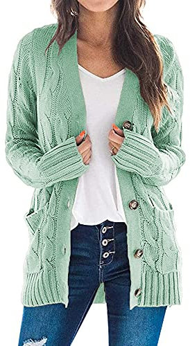 Maavoki Strickjacke Damen Herbst Cardigan mit Knopfleiste Langarm Strick Warm Winter Strickmantel mit Taschen, Hellgrün L