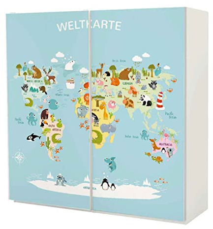 MyMaxxi | Klebefolie Möbel kompatibel mit IKEA Pax Schrank Schiebetüren hoch | Motiv Kinder Weltkarte | Möbelfolie selbstklebend | Dekofolie Tattoo Aufkleber Folie für Schlafzimmer und Kinderzimmer