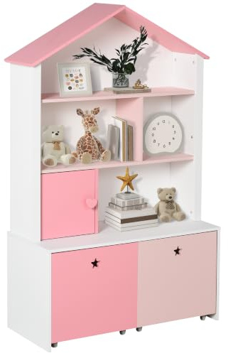 HOMCOM Bibliothèque en bois pour enfants Bibliothèque pour enfants avec 4 compartiments 1 porte et 2 tiroirs amovibles à roulettes pour livres jouets 80x34x130 cm rose et blanc