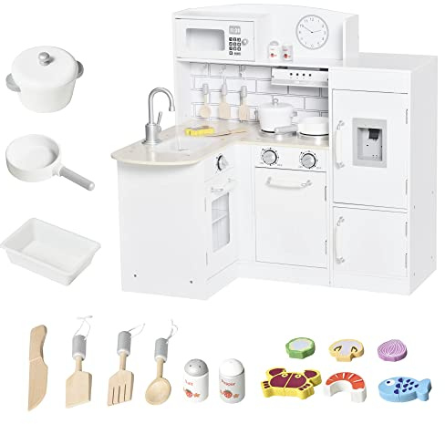 HOMCOM Cucina Giocattolo per Bambini in Legno con 14 Accessori, Forno, Lavandino, Frigo e Microonde, Età 3+ Anni, 86x64x84.5cm, Bianco e Argento