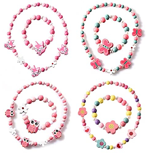 Prinzessin Halskette Armbänder Set Holz Kinderschmuck Kit Freundschaftsarmband Und Mädchen Halskette Bunte Holzschmuck Nette Karikatur Bunte Blumen Form Armband Halsketten Schmucksache Satz 4 Pack