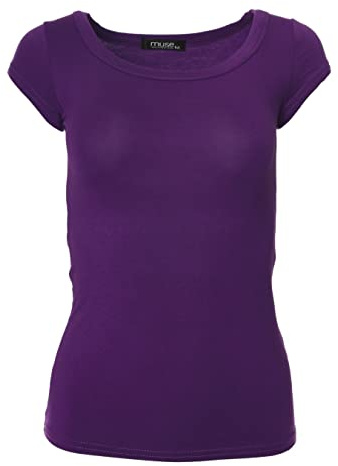 Easy Young Fashion - Damen Basic Rundhals T-Shirt - Kurzarm Unterziehshirt Skinny Fit 1001 - Violett S