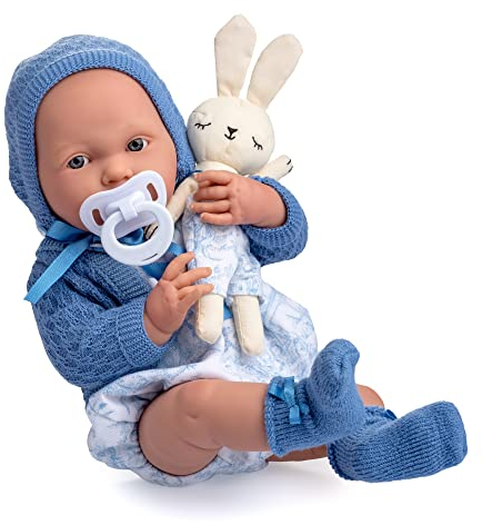 JC TOYS La Newborn Puppe für Neugeborene, 38 cm, aus weichem Vinyl, Kollektion Royal, Kleidung mit Zeichnung Toile de jouy, Schnuller und Plüsch, Kind, blau, entworfen in Spanien von Berenguer, 2
