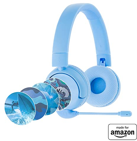 Brandneu und „Made for Amazon“: Bluetooth-Kinderkopfhörer BuddyPhones PopTime Pro mit Lautstärkebegrenzung und Bügelmikrofon (Alter: 3-12 Jahre), Cyber-Welt-Design