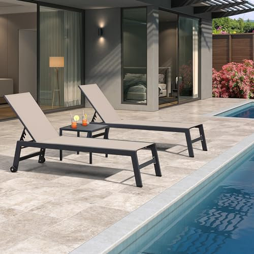 PURPLE LEAF Transat Jardin Exterieur Lot De 2 avec Table Textilène, Transat Luxe Jardin Aluminium Pliable 2 roulettes, Bain De Soleil, Beige