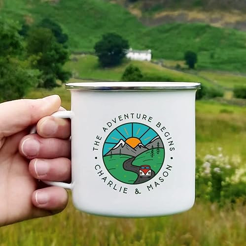 eBuyGB Personalised Adventure Begins Mug, 13oz Travel Camping Enamel Coffee Mug, Couples Metal 380 ml Tea Cup, Couple Gifts, 10th Anniversary Tin Gift (1 Mug)