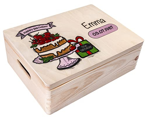 Creative Deco Personalisiert Geburtstag Geschenke für Frauen, Männer und Kinder Erinnerungsbox Holzkiste | Kuchen Torte Motiv für Geburtstag | Individuelle Geschenk | Geschenkkiste Geschenkbox