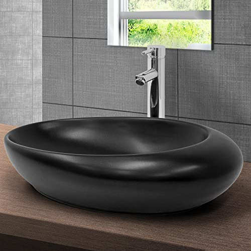 ML-Design Waschbecken Keramik Schwarz matt 58,5x37,5x14,5 cm, Kieselstein Form, Ovale Aufsatzwaschbecken, Moderne Waschtisch, Waschschale mit Abflussloch, Waschplatz Handwaschbecken, für Badezimmer