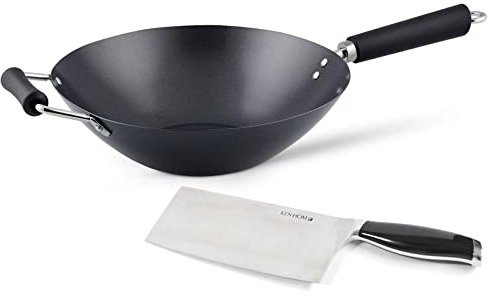 Ken Hom großer Wok 31 cm Induktion Antihaft aus Karbonstahl mit Phenolharz-Griff - Set inkl. Hackmesser 18 cm