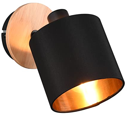 Reality Leuchten Strahler Tommy R81331030, Metall Schwarz matt, Holzdekor, Stoffschirm schwarz, exkl. 1xE14
