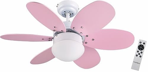 Bastilipo - Ventilador de techo con motor DC, mando a distancia, 75cm Ø, 6 aspas, rosa/celeste, luz LED 3 tonos, chasis blanco, ALGARVE DC