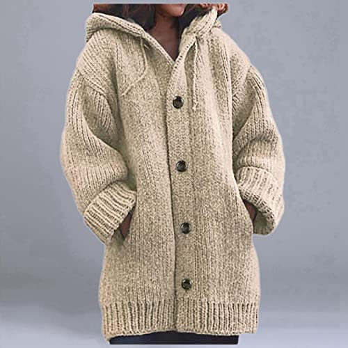Women'S Hooded Knit Sweater - Autumn And Winter Women'S Knitted Sweater, Thick Long Sleeve Button Cardigan Jacket, Loose Khaki Large Pocket, Casual Outdoor Christmas New Year Gift,Khaki,5Xl