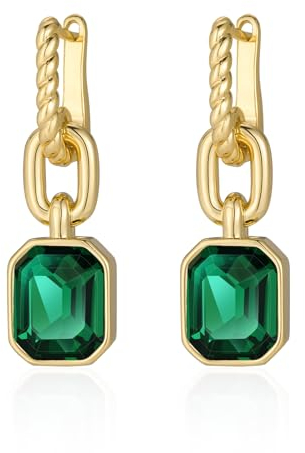 MESOVOR Gold Crystal Drop Earrings, 18K Gold Plated Hoop Earrings | Emerald Green Black Earrings Jewelry Gift for Mother Wife (Green)
