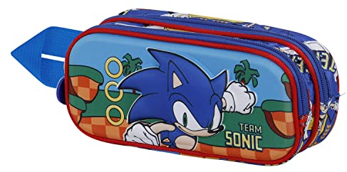 Sonic The Hedgehog - SEGA Sega-Sonic Team-Estuche Portatodo 3D Doble, Azul, 22 x 9.5 cm