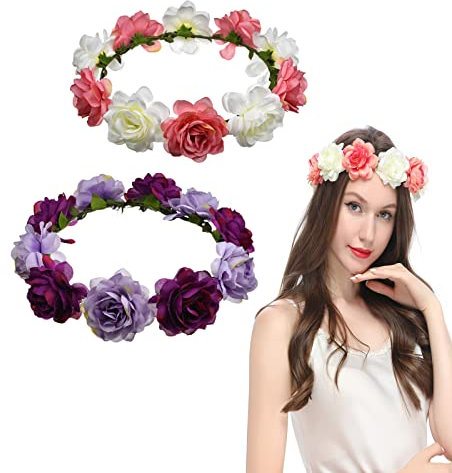 Couronne de Fleurs, 2 Pcs Couronne Demoiselle D'honneur,Guirlande Couronne Bandeaux,Mariage Nuptiale Fleur Couronne Rose Floral pour Femme Accessoires de Cheveux de mariage,Fête