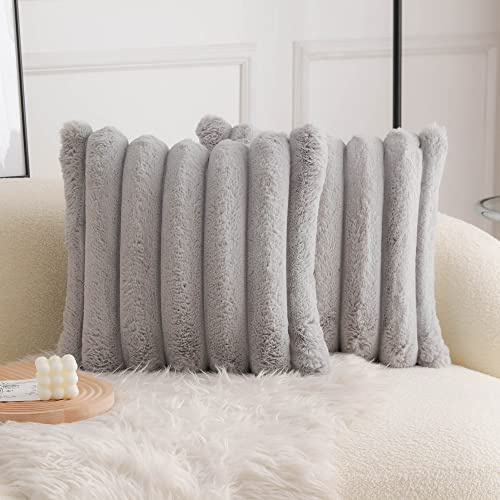 Neelvin 2er Set Plüsch Kissenhülle Kunstpelz Gemütliche Weiche Gestreifte Dekorative Kissenbezug Kissenbezüge Dekokissen Zierkissenbezug Sofakissen Grau 40x40 cm für Sofa Schlafzimmer