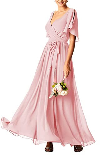 KURFACE Robes de demoiselle d'honneur de mariage en mousseline de soie à manches courtes avec poches, rose poudré, 46