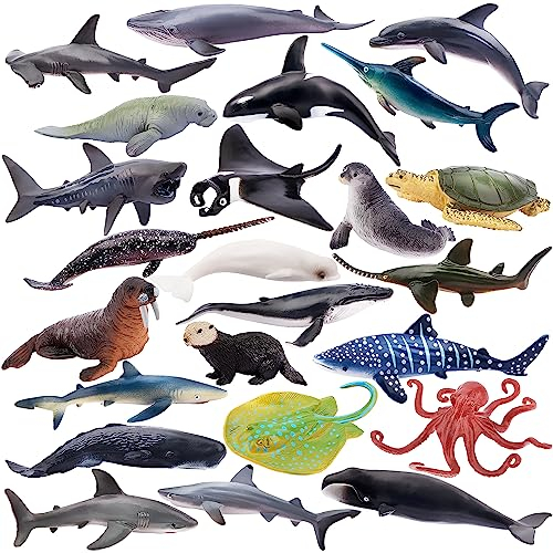 TOYMANY 24 Stück Ocean Spielfiguren Set - Meerestier-Figuren, Plastiktiere, Mini-Tiere - Meer Ozean Fisch Hai Wal Oktopus - Zum Spielen oder als Deko