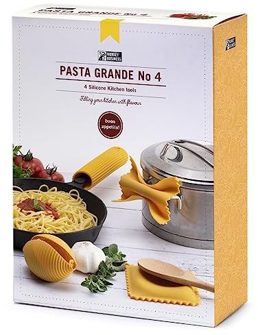 Monkey Business Silicone Kitchen Tools in Gift Box/ 4 Big Pasta Shaped Kitchen Gadgets/Farfalloni Pot Grips, Ravioli Spoon Rest, Conchiglie Lemon Squeezer and Penne Pan Grip/Pasta Grande No. 4