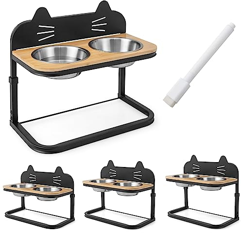 COSTWAY Porte-Gamelle pour Chat en Métal, Support-Bol surélevé à 3 Hauteurs Réglables, Support-Gamelle avec 2 Bols en Acier Inoxydable et 1 Marqueur, pour Chats deTaille Moyenne et Grande, Noir