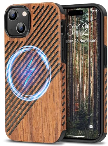 TENDLIN Magneitc Case Compatible with iPhone 15 Case Wood Grain with Leather Outside Design TPU Hybrid Case (Compatible with MagSafe) Wood & Leather