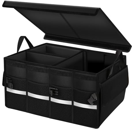 Beicarin Car Boot Organiser Storage, Collapsible Waterproof Durable Multi Compartments Boot Organisers with Foldable Cover Reflective Strip for Car SUV Truck, Size 54x39x27cm