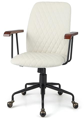 COSTWAY Bürostuhl aus Samt, höhenverstellbarer Drehstuhl, Schreibtischstuhl bis 150 kg belastbar, ergonomischer Samtsessel mit mittlerer Rückenlehne, gepolstertem Sitz, Armlehnen aus Holz (Beige)
