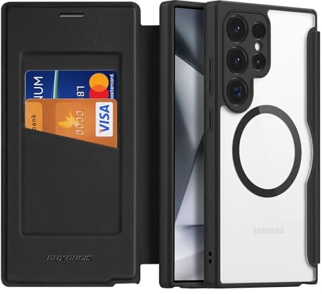 DUX DUCIS Hülle für Samsung Galaxy S24 Ultra Handyhülle mit MagSafe Transparente Anti-Kratzer Leder Flip Klapphülle mit RFID-Sperre Schutzhülle Case für Samsung S24 Ultra (6,8 Zoll, Schwarz)