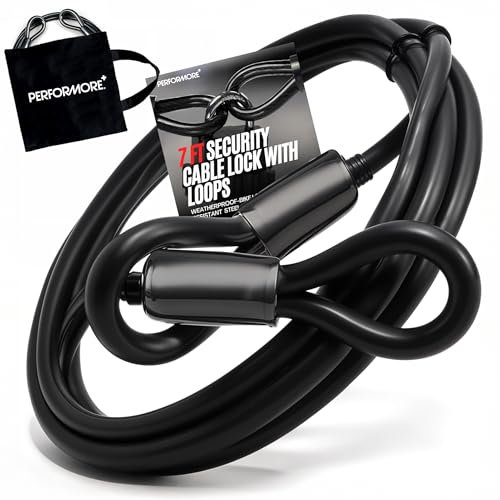Performore Security Cable - 7 Foot Heavy Duty Security Cable - 1/2 Inch Thick Coated Cable with Looped Ends - Comes in a Waterproof Bag (Black)