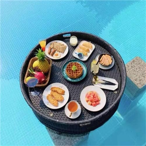 JIANGSS Schwimmendes Tablett für den Pool, schwimmendes Serviertablett, schwimmender Getränkehalter auf der Wasseroberfläche, schwimmender Teller,rund, aus Rattan gewebt,Φ60cm-Black