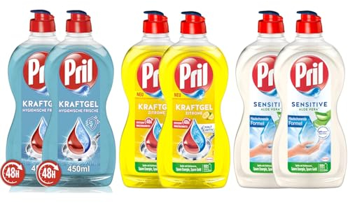 PRIL-Set Kraftgel 2x Zitrone & 2x Hygienische Frische & 2x Sensitive Aloe Vera, Handgeschirrspülmittel-Set mit hoher Fettlösekraft, für sauberes Geschirr, 6x 450ml