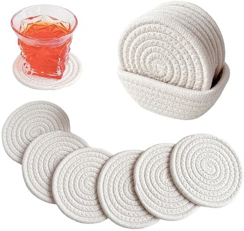 Valdivia Boho Untersetzer Gläser mit Ablagekorb, Handgefertigte Baumwolle Saugfähige Getränkeuntersetzer für Esstisch, Bars, Küche, Büro, Cafés, Minimalistische Wohnung Deko und Geschenk zum Einzug