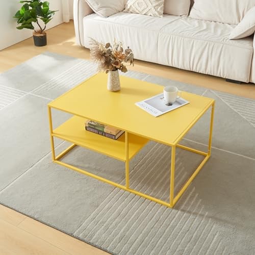 [en.casa] Couchtisch Solund Beistelltisch Metall Gelb Wohnzimmertisch mit Stauraum 90 x 60 x 45 cm Sofatisch rechteckig Kaffeetisch