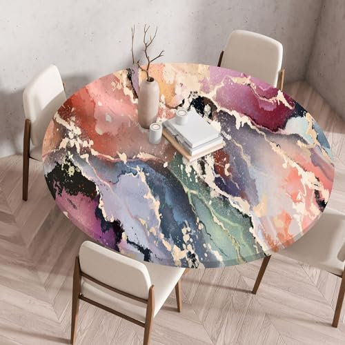 Highdi 3D Elastische Tischdecke Rund Abwaschbar, Spanntischdecke Rund Gartentischdecke Outdoor Round Tischdecke mit Gummizug für Esszimmer, Küche und Picknick (Stein H,70cm)