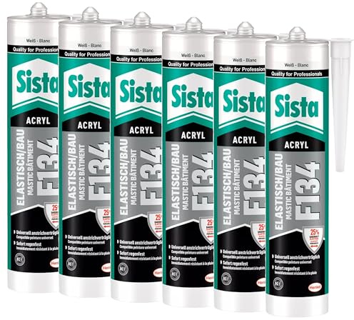 Sista F134 Elastisch/Bau, elastischer Acrylat-Dichtstoff für stark dehnungsbeanspruchte Anschlussfugen im Hochbau und an Wärmedämm-Verbundsystemen, weiß, 6x 300ml