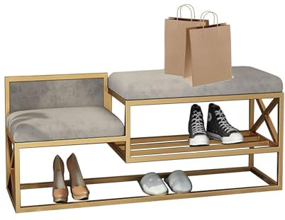 JOSIAHCQ Schuhregal mit Sitzbank Schuhschrank Flur Schuhbank mit Sitzfläche Hocker Truhenbank mit Stauraum Shoe Rack Sitzhocker garderobenbank Für Eingang Schlafzimmer Flur Wohnzimmer(Gold/Grey,80cm)