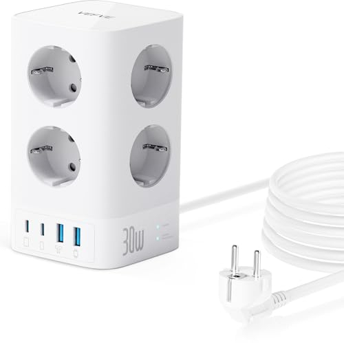VEFVE Mehrfachsteckdose mit USB C 30W Schnellladung, 8-Fach Steckdosenturm mit 4 USB, Steckdosenleiste mit Schalter Überspannungsschutz, 2m Kabel, 4000W 16A, – für Büro, Zuhause, Gaming