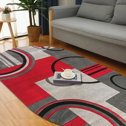 GUGJHFVH Ovaler Teppich Wohnzimmer Kurzflor Für Esszimmer Flur, Schlafzimmer Carpet Pflegeleicht Waschbarer Moderne Geometrisch Gestreifte Rote Und Graue Blockverbindung, 120 x 160 cm