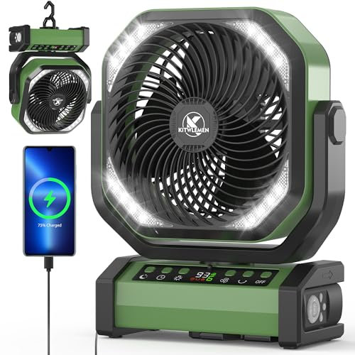 Campingventilator mit Licht, 20000mAh Tischventilator, 112 Stunden max. Laufzeit, 9 Geschwindigkeiten, Timer, automatische Oszillation, 270° Drehung & Haken für Camping, Stromausfall, Hurrikan