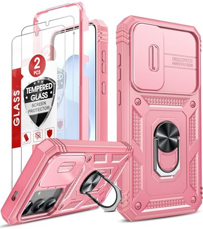 LeYi Coque pour Samsung Galaxy S25/S 25 5G avec 2*Verre Trempé+Anneau Support, Full Protection de la Caméra en PC Dur Anti-Chut Renforcée Armor Heavy Duty Antichoc Bumper Housse Etui，Rose